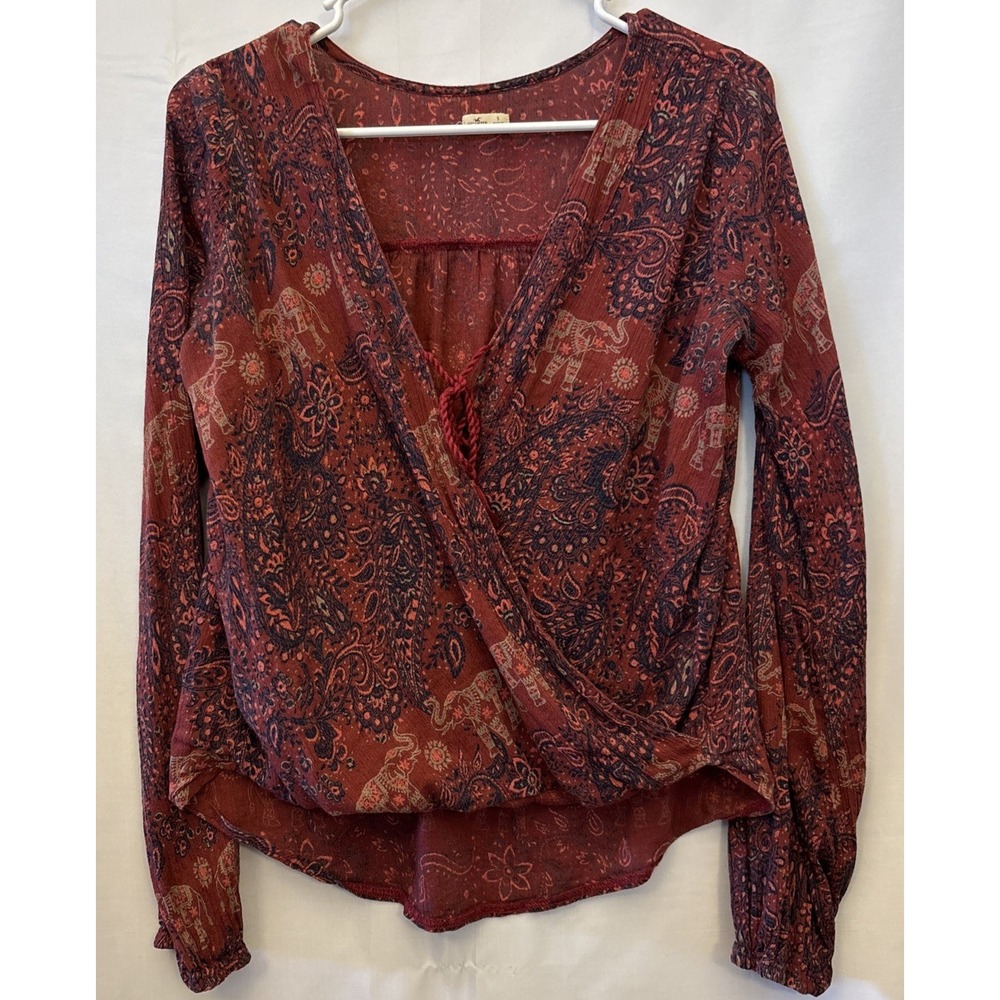 Hollister Red/brown long sleeve Tie Tassel Boho Elephant Wrap Blouse Hi Low  S